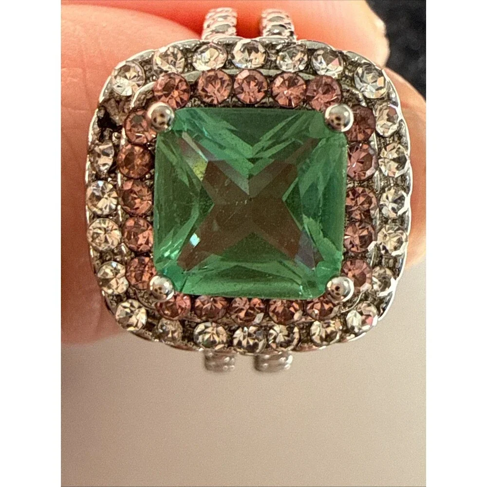 S925 Sterling Silver Emerald Green Halo Statement Ring Pink Clear Size 7